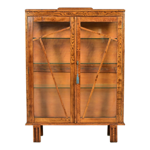Antique English Art Deco Carved Oak Bookcase or Display Cabinet, Circa 1920s