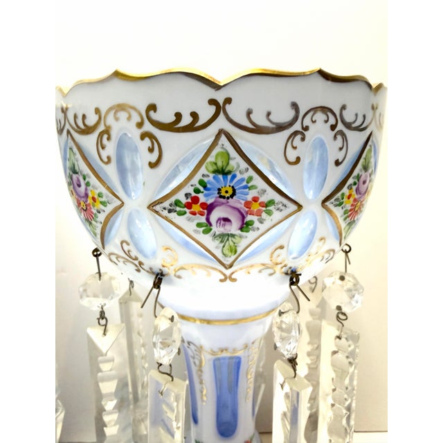 Victorian Antique Bohemian Czech Victorian Blue Opaline Glass Enamel Floral Lusters Pair For Sale - Image 3 of 12