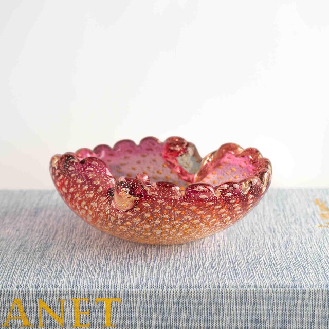 1950s Vintage Pink and Yellow Murano Bullicante Aventurine Catchall Dish For Sale - Image 5 of 16