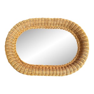 Vintage Boho Natural Wicker Oval Wall Mirror, Circa 1980s For Sale