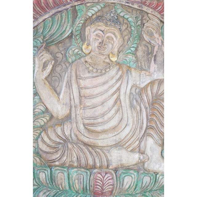 Colorful Vintage Carved Buddha Panel Door – Handcrafted Wall Sculpture Art 83x36 For Sale - Image 4 of 5