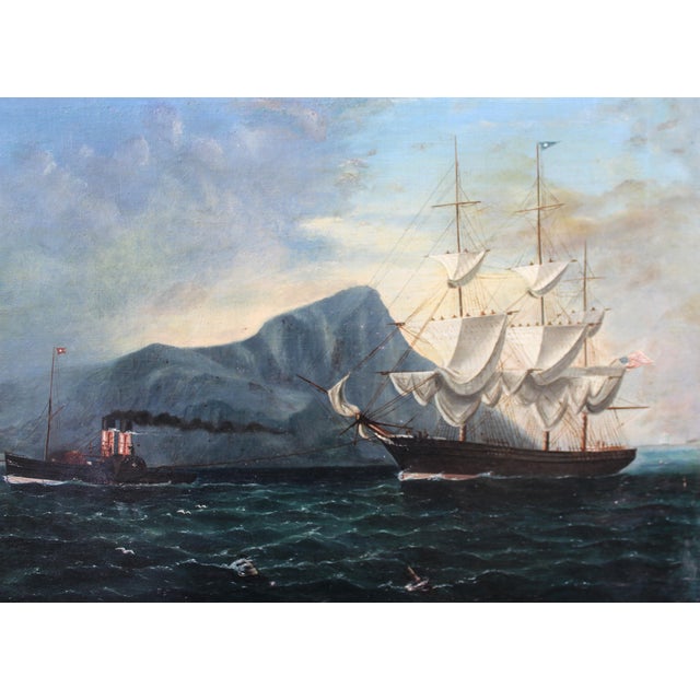 American Sailing Vessel Off Gibraltar, Early 20th Century, Oil Painting on Canvas, Framed For Sale - Image 9 of 11