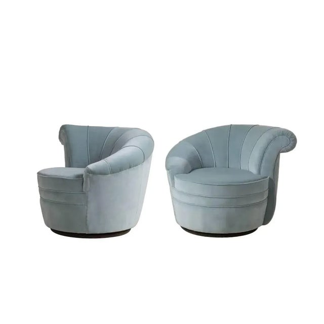 Kagan Style Soft Blue Channel Back Nautilus Swivel Chairs - A Pair For Sale In Dallas - Image 6 of 10