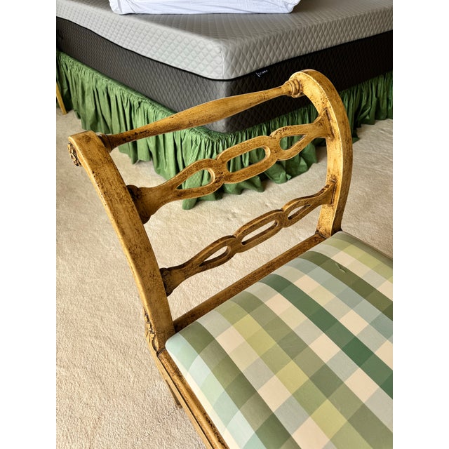 French Provincial 1950s Minton-Spidell French Provincial Gilded Scroll Arm Upholstered Window Bench – Green Plaid For Sale - Image 3 of 6