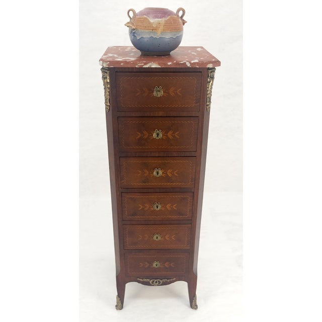 Metal Rouge Marble Top 6 Drawers w/ Dovetails French Louis XV Lingerie Chest Dresser For Sale - Image 7 of 18