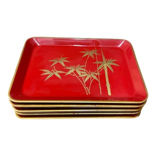 Japanese Red Lacquer Trays With Gold Decoration - Set of 5 For Sale