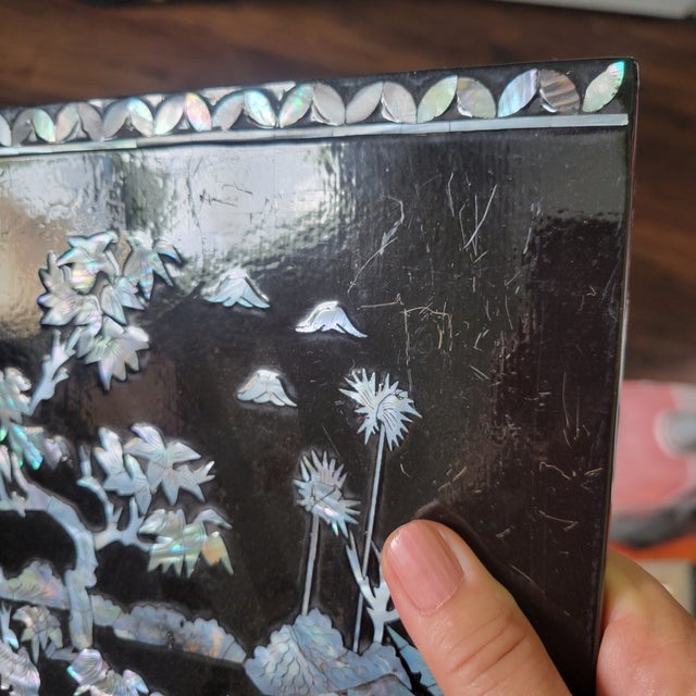VTG Rare Set of 4 Panels Vietnamese Mother of Pearl Inlay Lacquer Fishing Hunting Plaques Farm Life MCM Sơn Mài For Sale - Image 18 of 18