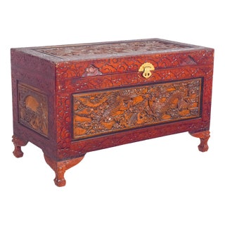 Antique Painted Oriental Carved Chest For Sale