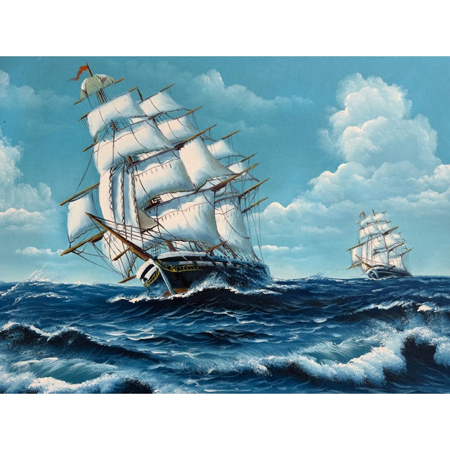 t.j. Lee Marine Seascape Oil Painting Tall Ships Ocean Waves Nautical Framed For Sale - Image 11 of 13