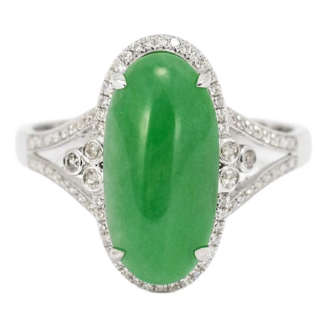 18k White Gold 3.40ct Delicate Green Jadeite Jade Diamond Cocktail Ring, Size 7.25 For Sale