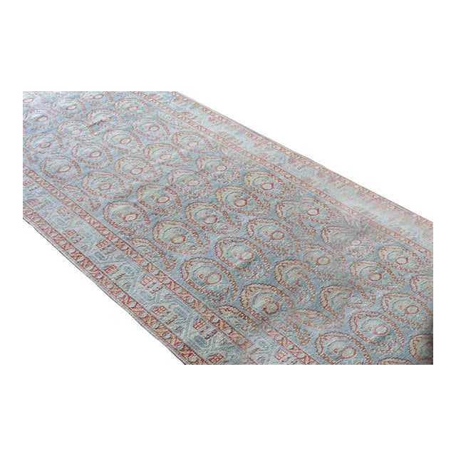 Vintage Paisley Allover Soft Blue Long Wool Hand-Knotted Runner - 3’3” X 16’2” For Sale