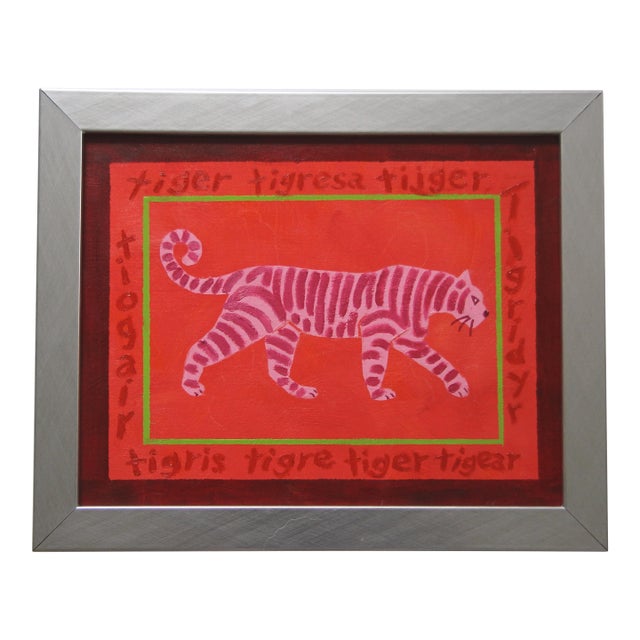Tiger Folk Art Minimalism Pop Art Shaby Chic Orange Pink Green Original Oil Painting Cleo Plowden For Sale