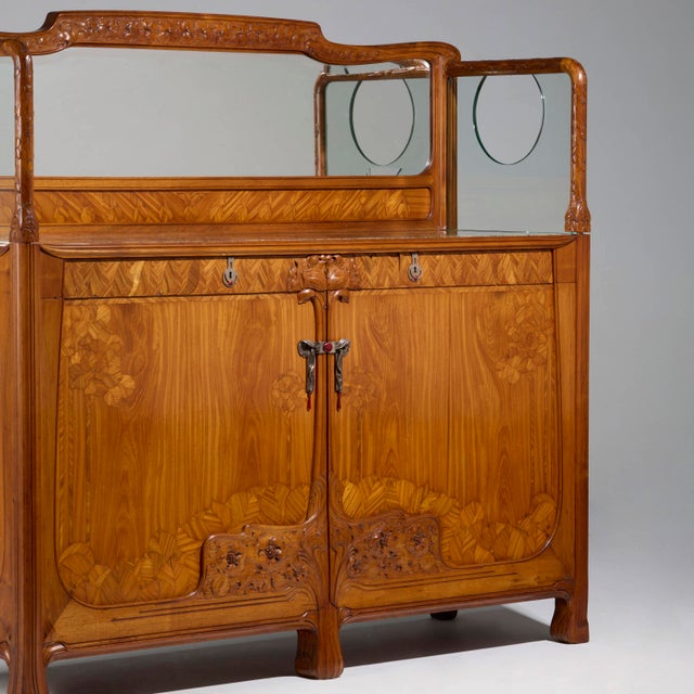 Antique Art Nouveau Style Oak & Mahogany Sideboard With Mirrored Backdrop For Sale - Image 4 of 8
