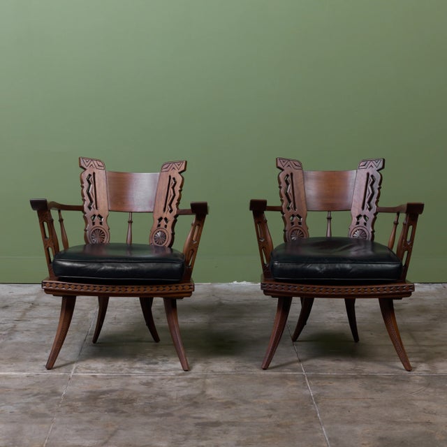 Mid 20th Century Pair of Carved Walnut Lounge Chairs in the Style of Ettore Zaccari For Sale - Image 5 of 16