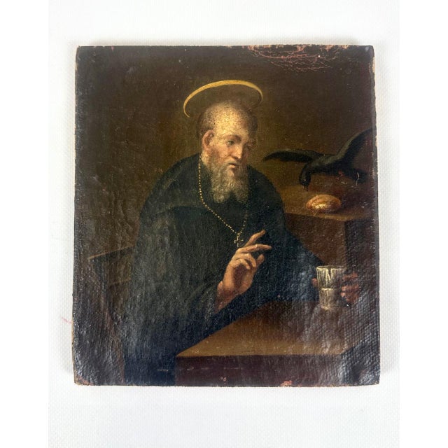 Italian Artist, St. Benedict with a Raven, 17th Century, Oil on Canvas For Sale - Image 13 of 13