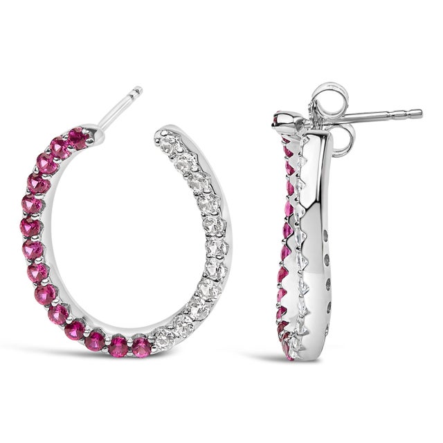 Haus of Brilliance Sterling Silver Lab Created Ruby and White Sapphire Hoop Earrings For Sale - Image 4 of 4
