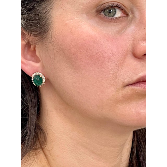 12 Ct Natural Emerald Zambia Cabochon & Diamond Stud Earring 14 Karat White Gold For Sale - Image 12 of 18