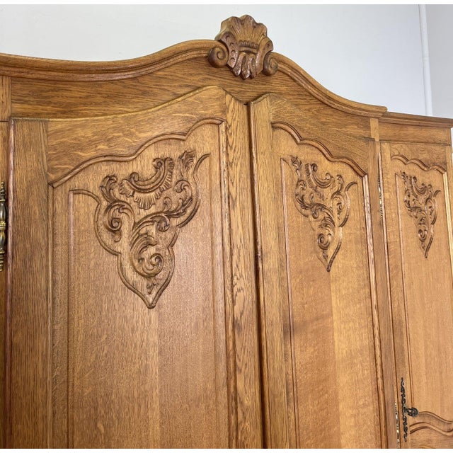 Vintage Louis XVI French Oak Four Door Carved Armoire For Sale - Image 4 of 10