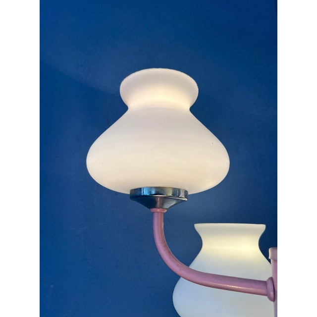 Gold Mid-Century White Opaline Glass Chandelier with Pink Frame For Sale - Image 8 of 13