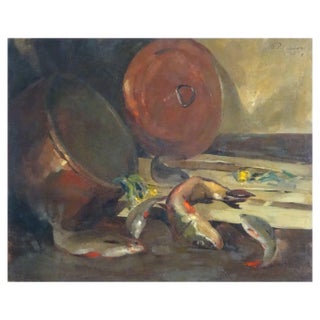 Oto Plader, Still Life with Fish and Saucepan, 1928, Oil on Canvas For Sale
