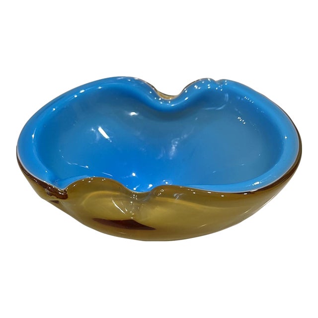Vintage MCM Alfredo Barbini Murano Art Glass Bowl Ashtray Blue & Brown For Sale