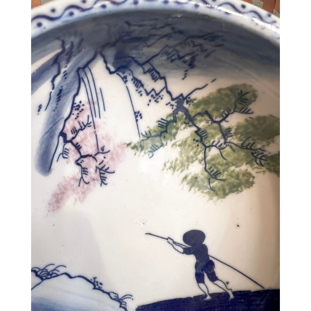 Chinoiserie Antique Blue & White Hand-Painted Porcelain Bowl With Fisherman Scene For Sale - Image 3 of 10
