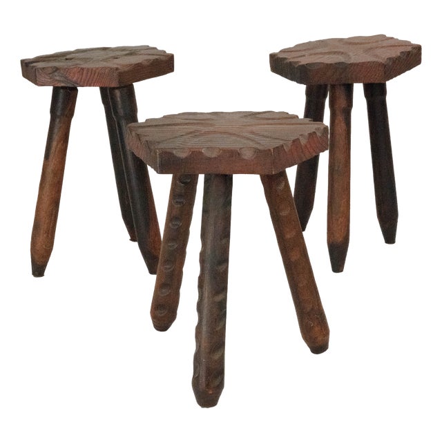 Vintage Brutalist Italian Wooden Stools, 1960s, Set of 3 For Sale