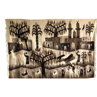 1960s Mid-Century Modern Large Brown Kilim Wool Woven Pictorial Wall Folk Art Tapestry For Sale