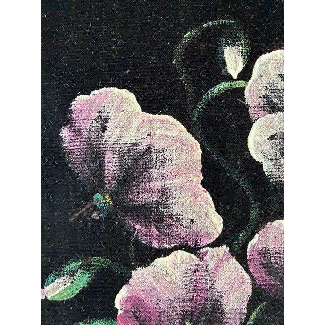 Vintage Original Velvet Flower Oil Painting, Pink Flower Still Life Art For Sale - Image 4 of 11