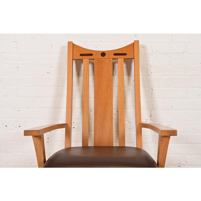 Charles Rennie Mackintosh Style Arts & Crafts Inlaid Oak High Back Armchairs, Pair For Sale In South Bend - Image 6 of 12