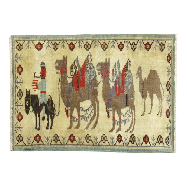 Vintage Zabihi Collection Camel Donkey Turkish Pictorial Scatter Size Rug - 2'5" x 3'6" For Sale