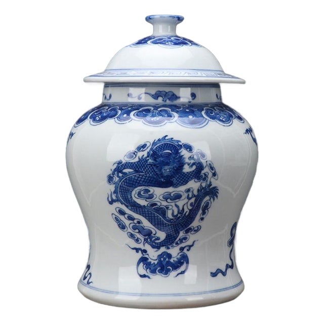 Chinese Blue and White Porcelain Dragon & Phoenix Lidded Ginger Jars Chinoiserie Decor For Sale