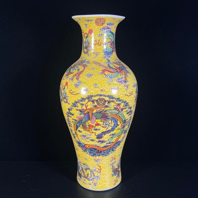 Monumental Vintage Chinese Yellow Ground Famille Rose "Dragon & Phoenix" Vase For Sale - Image 9 of 10