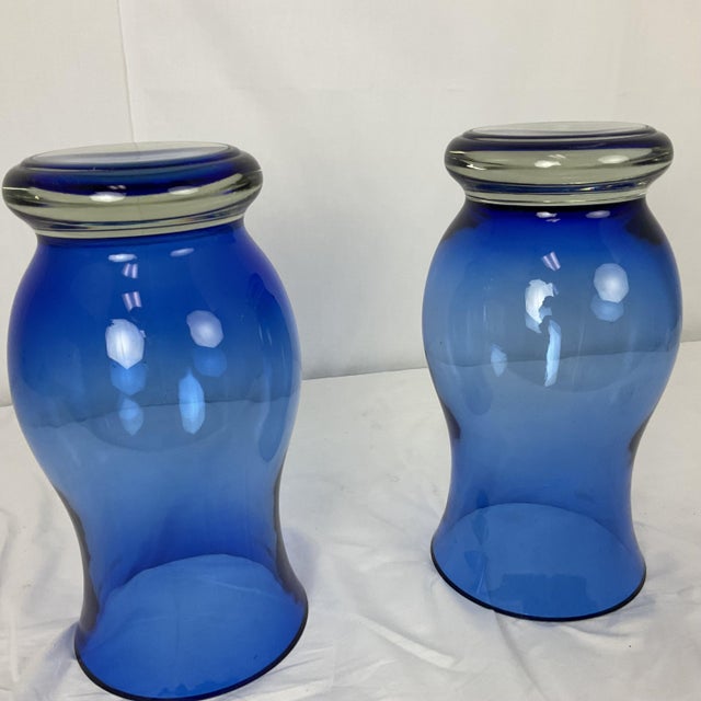Glass 1960s Moth Blown Cobalt and Clear Romanian Vase Pair For Sale - Image 7 of 7