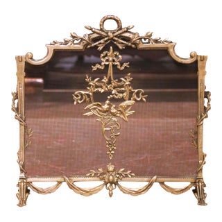 Mid-Century French Louis XVI Brass Fireplace Screen With Mesh Panel For Sale