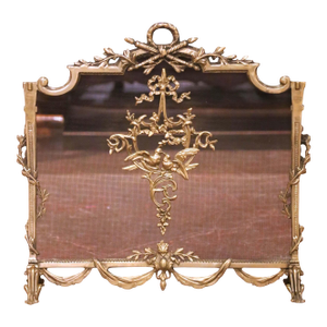 Mid-Century French Louis XVI Brass Fireplace Screen With Mesh Panel