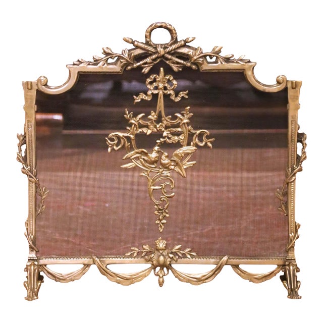 Mid-Century French Louis XVI Bronze Fireplace Screen With Mesh Panel For Sale