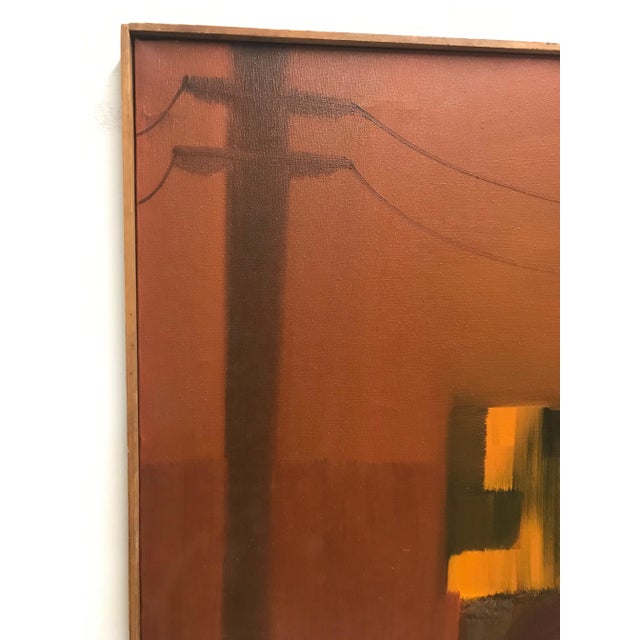 Arnold Weber, NY 1931-2010 Oil on canvas. Modernist cityscape with cubist style truck in foreground with soft muted...