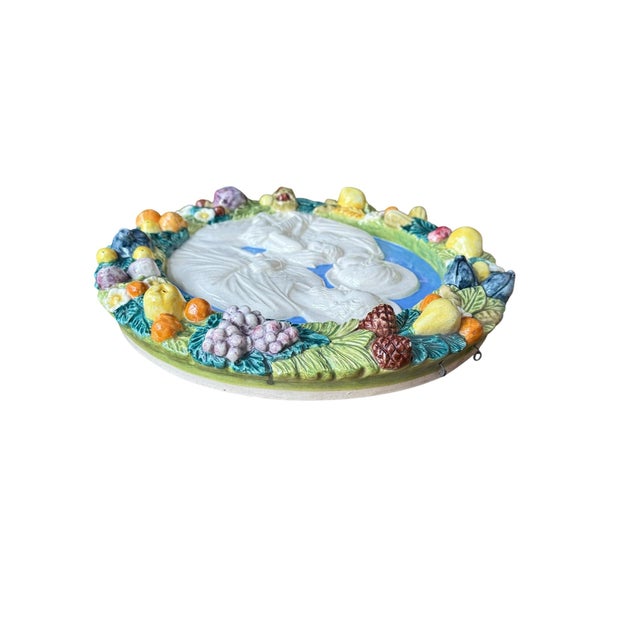 Blue Vintage Italian Majolica Pottery Della Robbia Style Wall Plaque For Sale - Image 8 of 15
