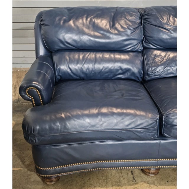 Late 20th Century Hancock & Moore Blue Leather Sofa Nailhead Trim Three Cushions Outstanding For Sale - Image 5 of 13