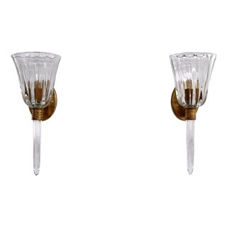 Italian Murano Crystal Glass and Brass Wall Sconces, 1990s, Set of 2 For Sale