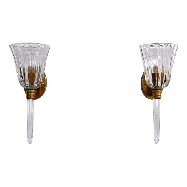 Italian Murano Crystal Glass and Brass Wall Sconces, 1990s, Set of 2 For Sale