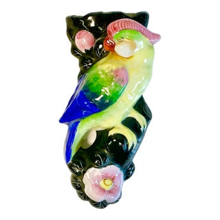 1950s Vintage Japanese Chinoiserie Boho Chic Ceramic Parrot Wall Pocket. For Sale