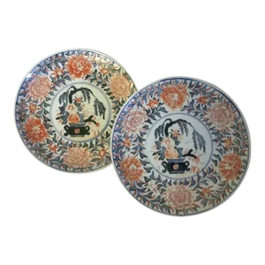 Antique 19th Century Japanese Porcelain Plates Decorated with Flowers in an Imari Palette - A Pair
