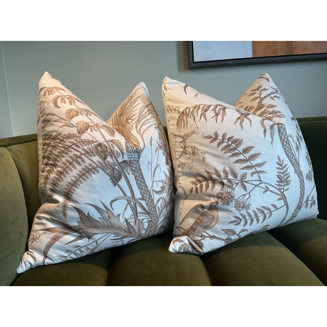 Mid-Century Modern Brunschwig and Fils Bird and Thistle in Beige Pillows - A Pair For Sale - Image 3 of 5