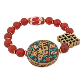Sacred OM Carnelian & Tibetan Mantra Beaded Bracelet For Sale
