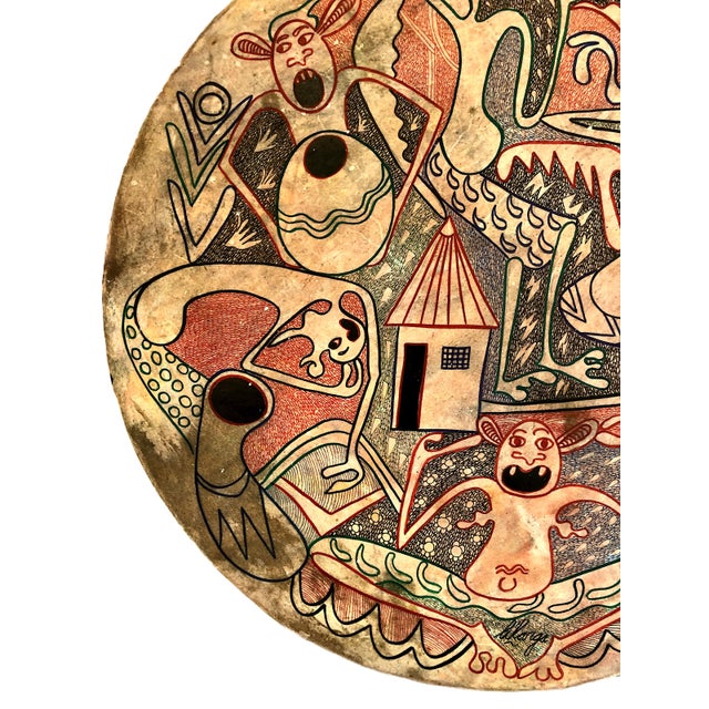 Late 20th Century Tanzanian Spirits on a Painted and Carved Circular Wood Relief, Signed by George Lilanga For Sale - Image 5 of 9