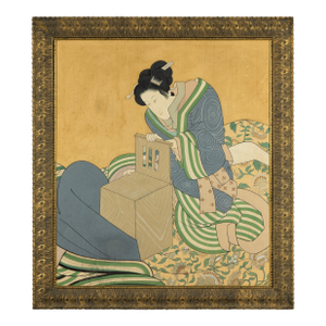 Japanese Hand-Painted Silk Artwork of a Seated Concubine in Giltwood Frame