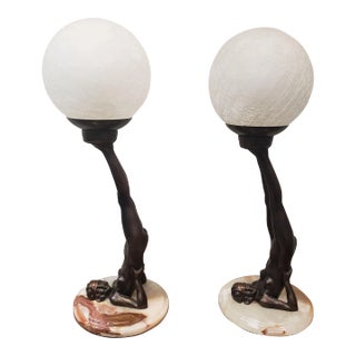 Art Deco Style Table Lamps Reversed Nude With Globe, Pair For Sale