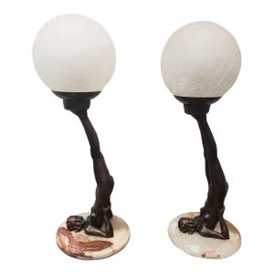 Art Deco Style Table Lamps Reversed Nude With Globe, Pair